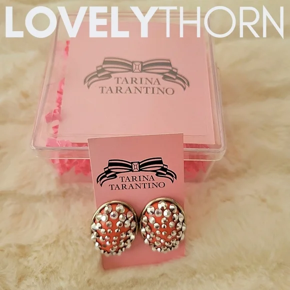 TARINA TARANTINO // ltd ed coral-pink convex oval silver studs post earrings - Picture 2 of 4
